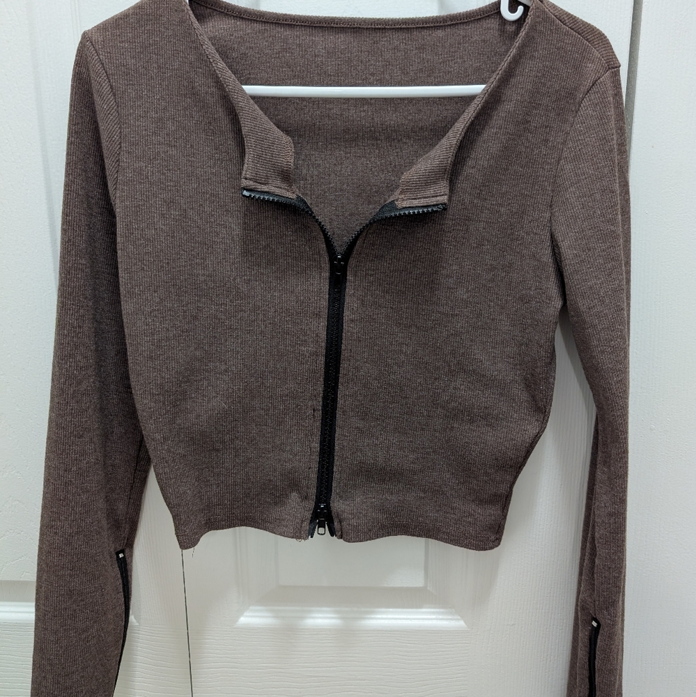 Brown Zip-Up Long Sleeve Top